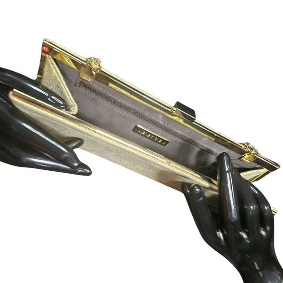 90s Suede Feels Gold Thin Clutch Hand bag Two In One Chain Strap Evening Bag - Picture 4 of 6